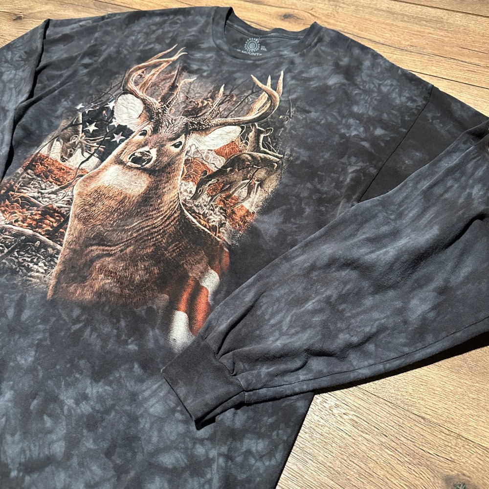 The Mountain Black Tie Dye Deer American Flag Graphic Long Sleeve Shirt Mens 2XL